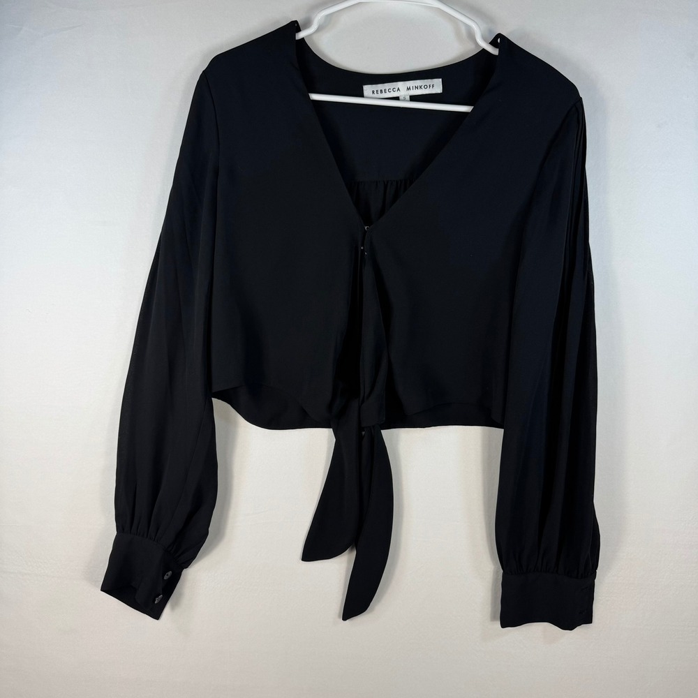 Rebecca Minkoff Womens Black Pleated Sleeve Tie Front V-Neck Crop Top Blouse S